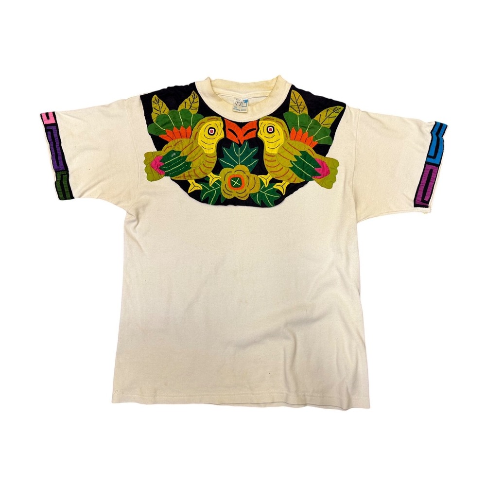Vintage Super T's Mola Applique Bird T-Shirt White Large Short Sleeve Folk Art